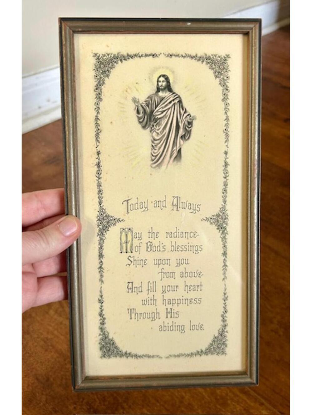 Vintage Religious Framed Blessing Plaque with Jesus Illustration